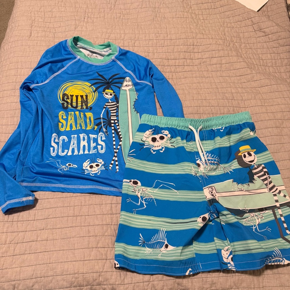 NWOT Nightmare Before Christmas Blue Long Sleeve Rash Guard & Swim Shorts